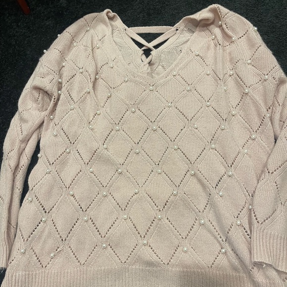 Pink Knit Sweater with Pearl Accents and criss cross tie in back - Picture 1 of 1